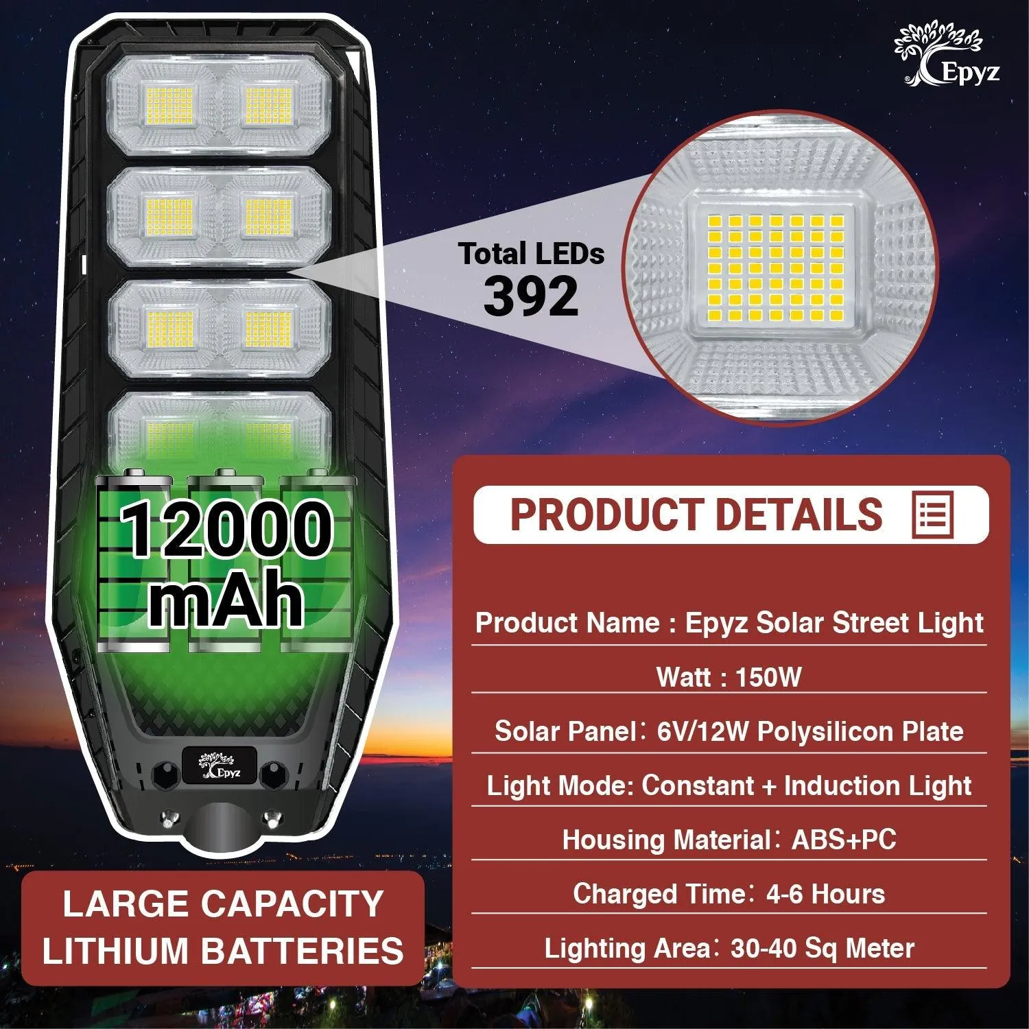 150 Watt Solar Street Light for Garden (White Light)