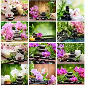 5D Diy Diamond Painting Kit,  Orchids & Stones, Full Square Diamond