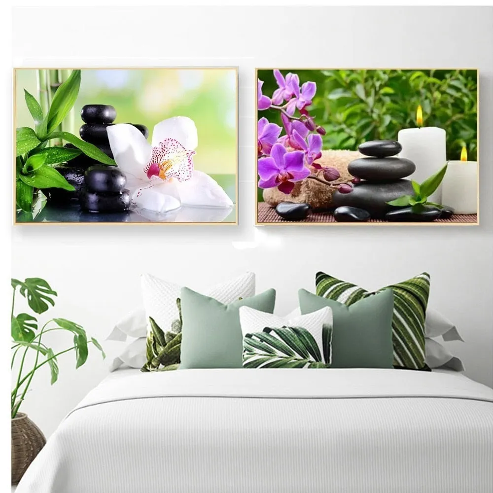 5D Diy Diamond Painting Kit,  Orchids & Stones, Full Square Diamond