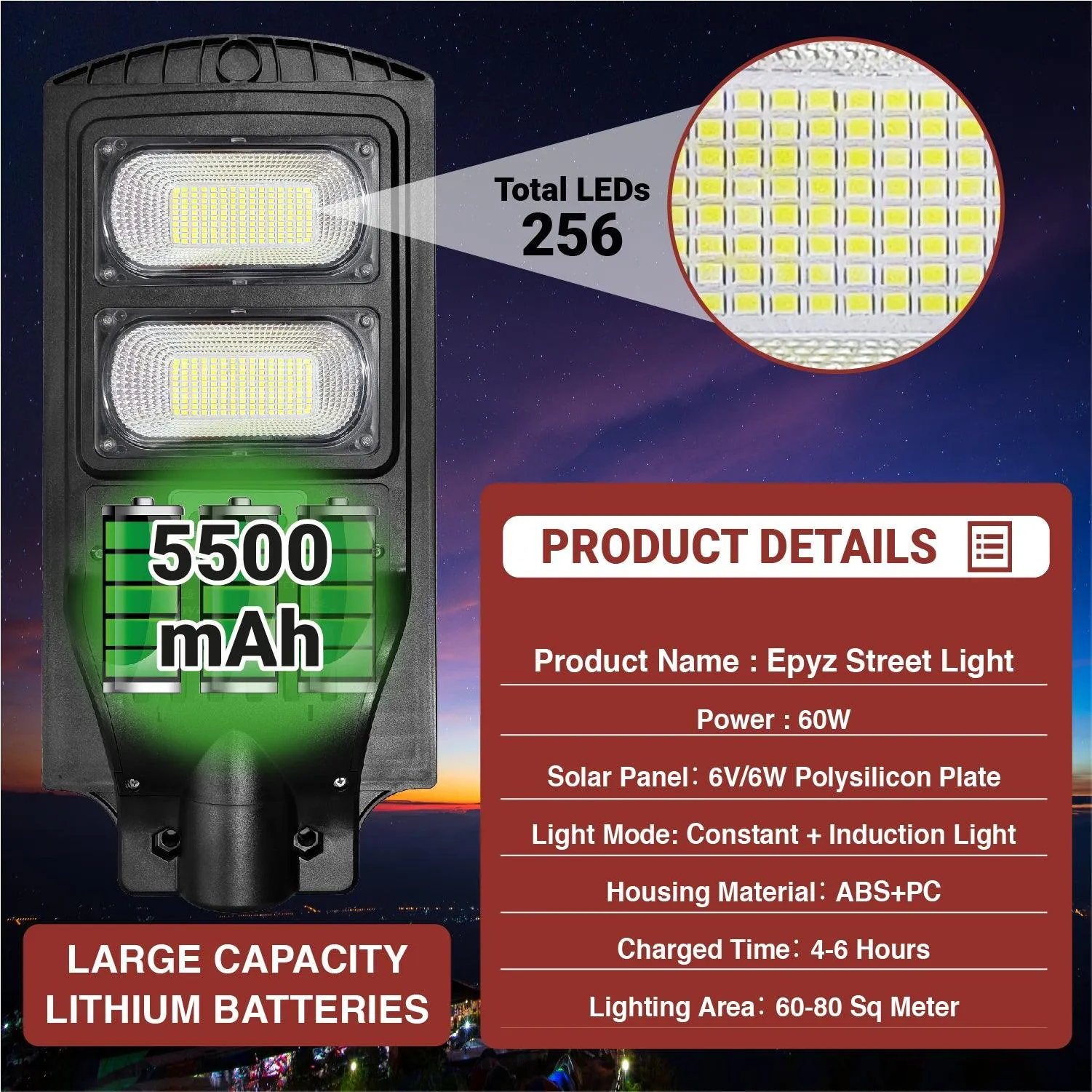60 Watt Solar Street Lights for Garden (White Light)