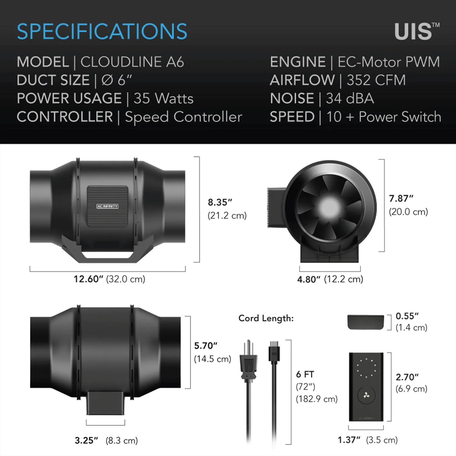 AC Infinity CLOUDLINE LITE A6, Quiet Inline Fan with Speed Controller, 6-Inch