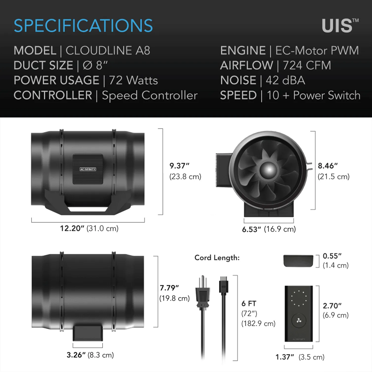AC Infinity CLOUDLINE LITE A8, Quiet Inline Fan with Speed Controller, 8-Inch