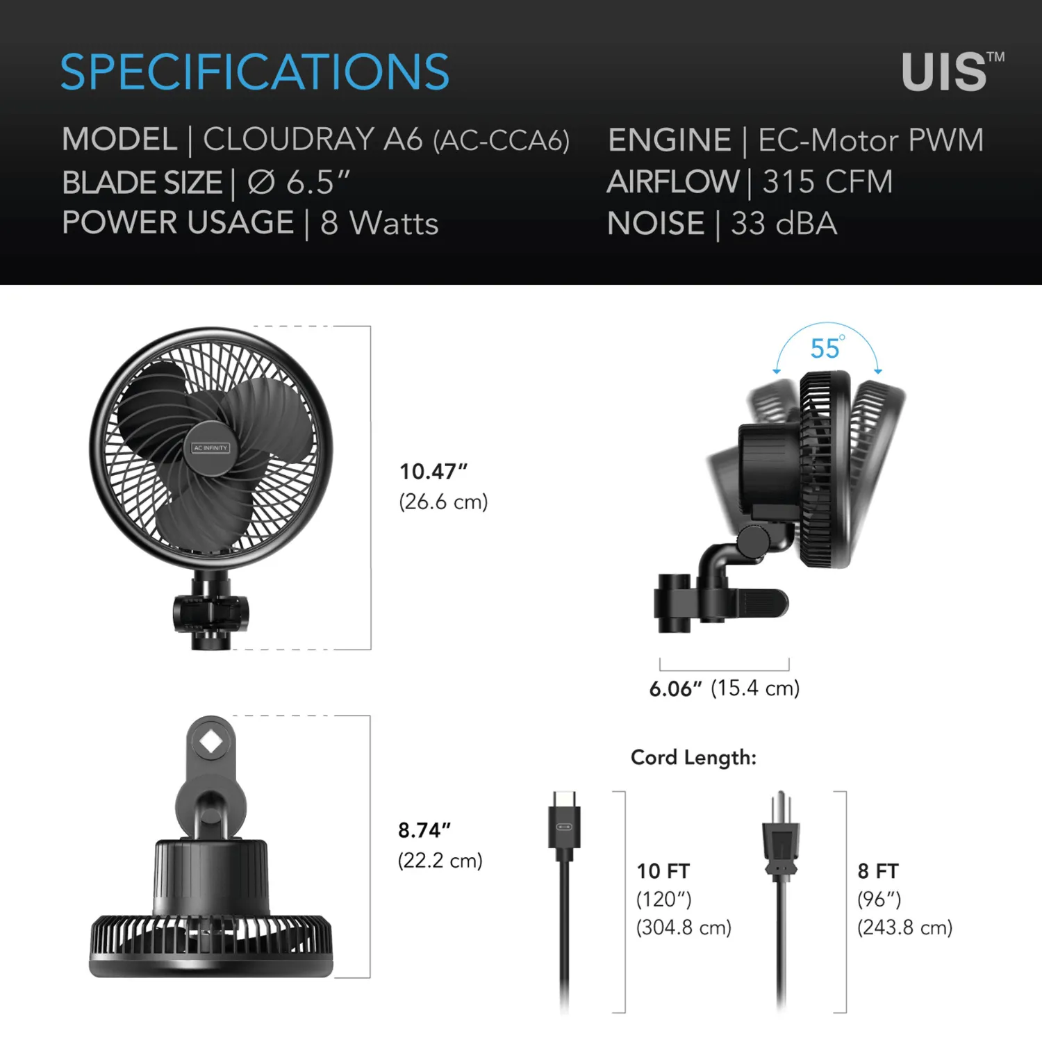AC Infinity CLOUDRAY A6, Grow Tent Clip Fan 6" with 10 Speeds, EC-Motor, Manual Swivel
