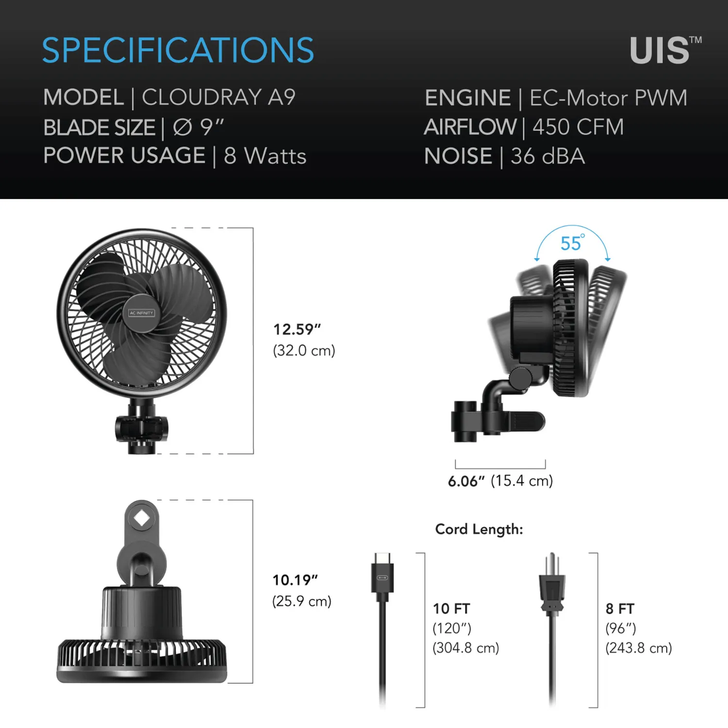 AC Infinity CLOUDRAY A9, Grow Tent Clip Fan 9" with 10 Speeds, EC-Motor, Manual Swivel