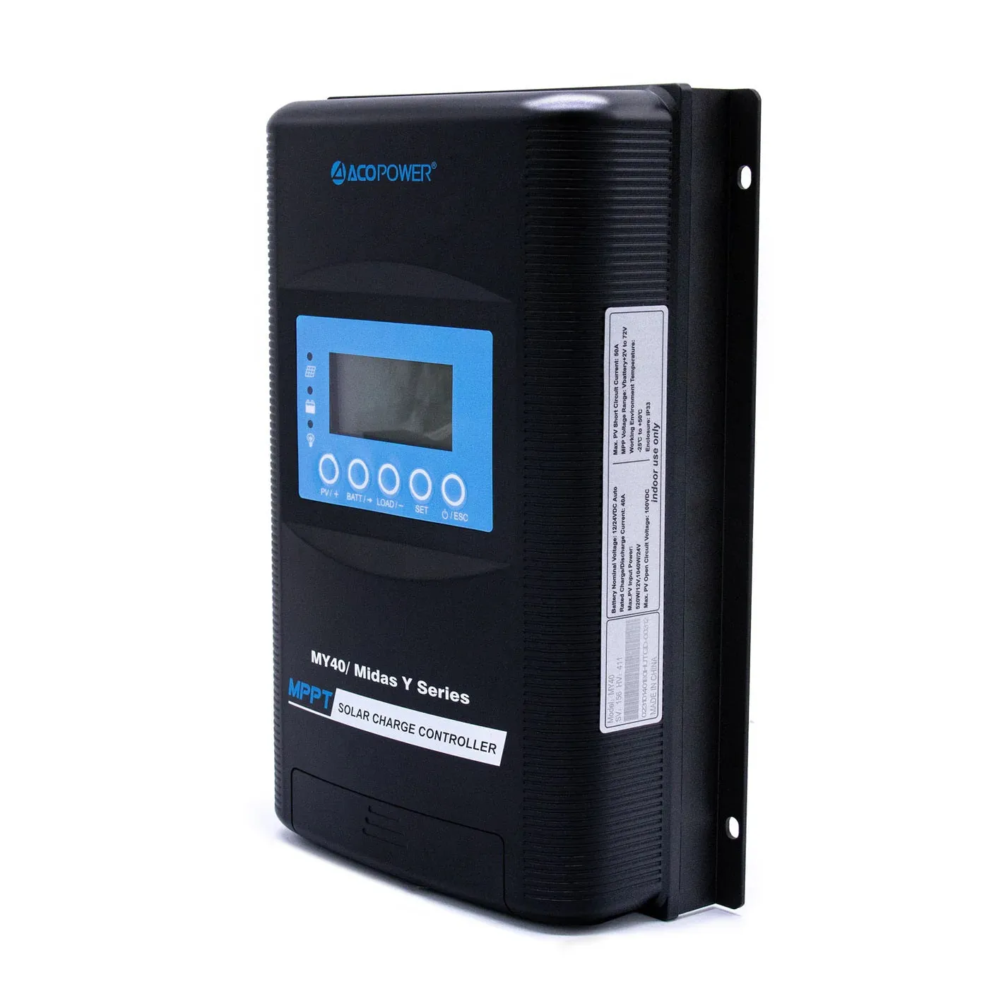 ACOPower Midas 40A MPPT Negative Ground Solar Panel Charge Controller LCD Display
