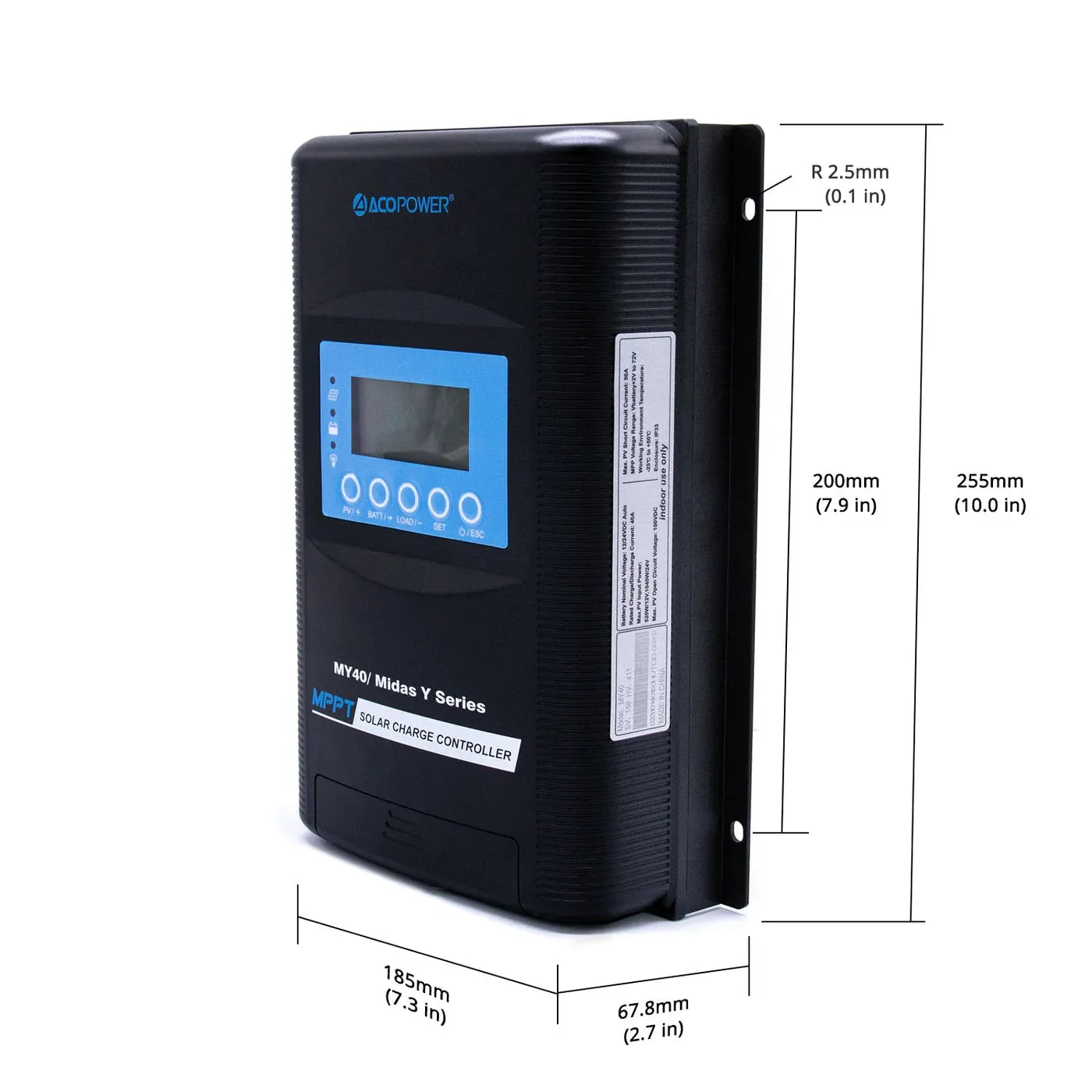 ACOPower Midas 40A MPPT Negative Ground Solar Panel Charge Controller LCD Display