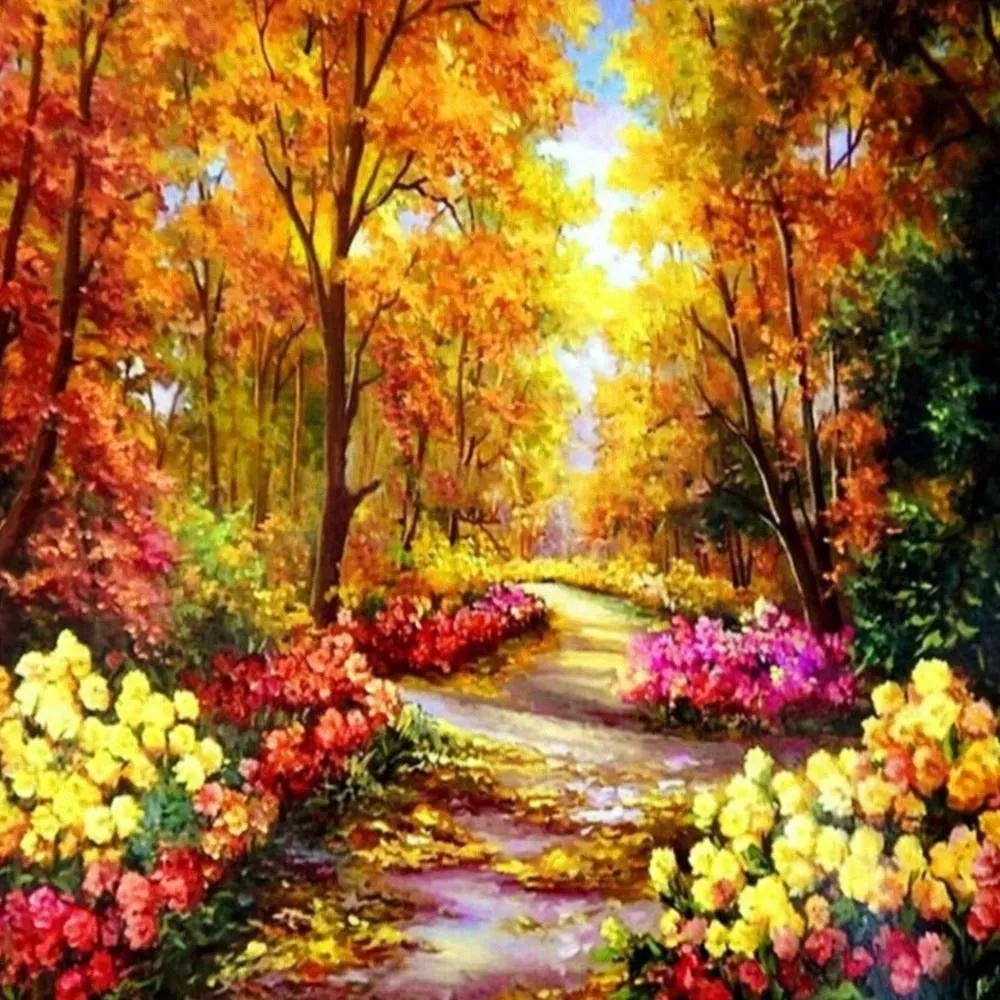 Autumn Pathway Crystal Diamond Painting Kit,  Full Square or Pebble Round Rhinestones.
