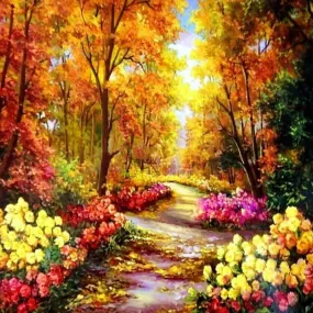 Autumn Pathway Crystal Diamond Painting Kit,  Full Square or Pebble Round Rhinestones.