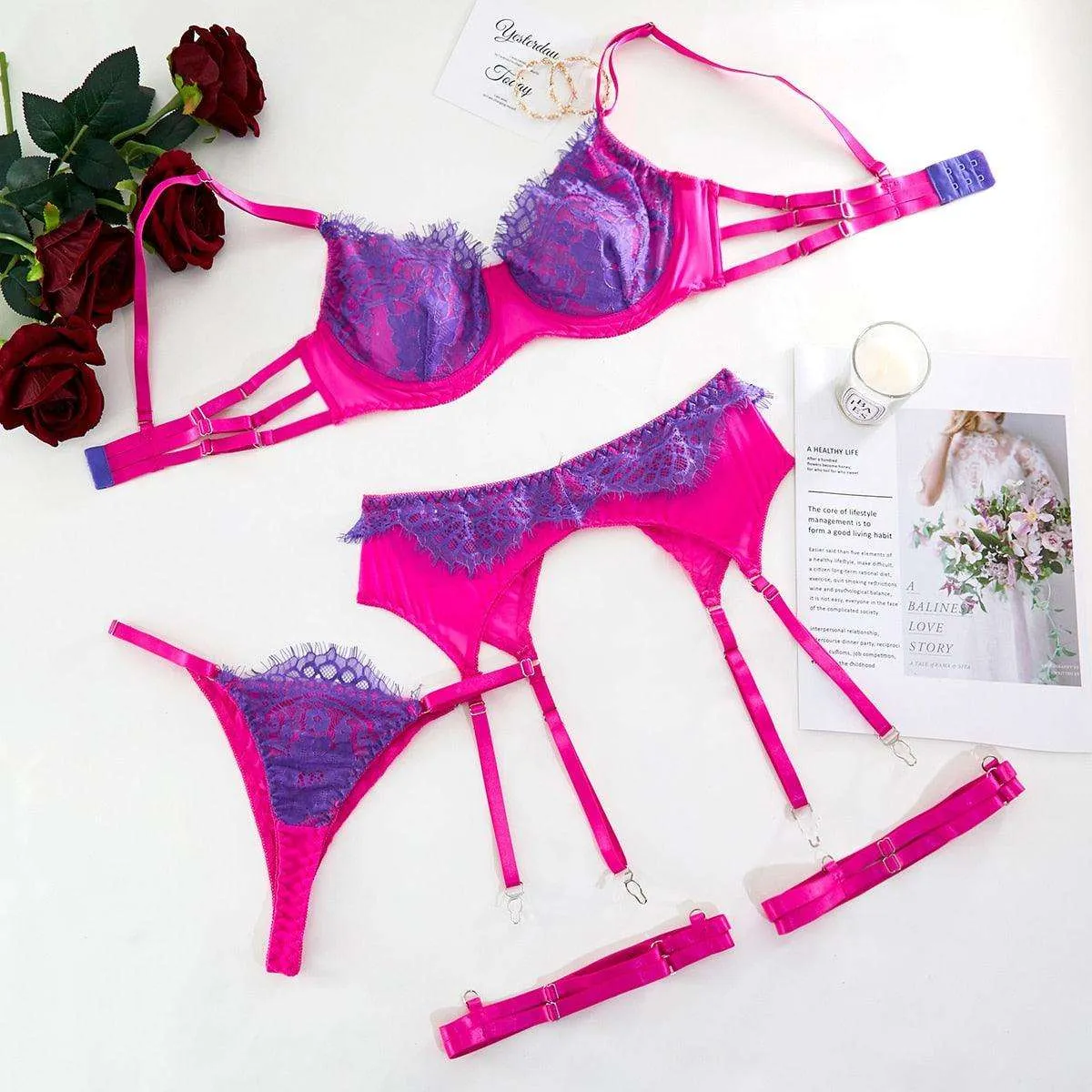 Baddiebox Sensual Lingerie Lace Push Up Delicate Underwear 3-Piece Underwire Exotic Sets Fancy Beautiful Short Skin Care Kits