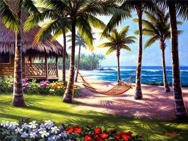 Beautiful Beach Scenery | Scenic Diamond Painting Kit | Full Square/Round Rhinestone Embroidery | Palm Trees Ocean