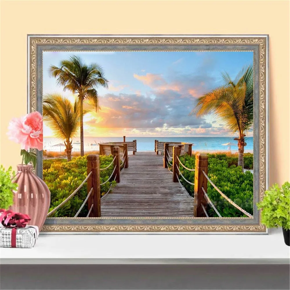 Beautiful Beach Scenery | Scenic Diamond Painting Kit | Full Square/Round Rhinestone Embroidery | Palm Trees Ocean