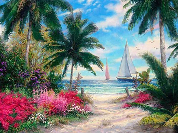 Beautiful Beach Scenery | Scenic Diamond Painting Kit | Full Square/Round Rhinestone Embroidery | Palm Trees Ocean