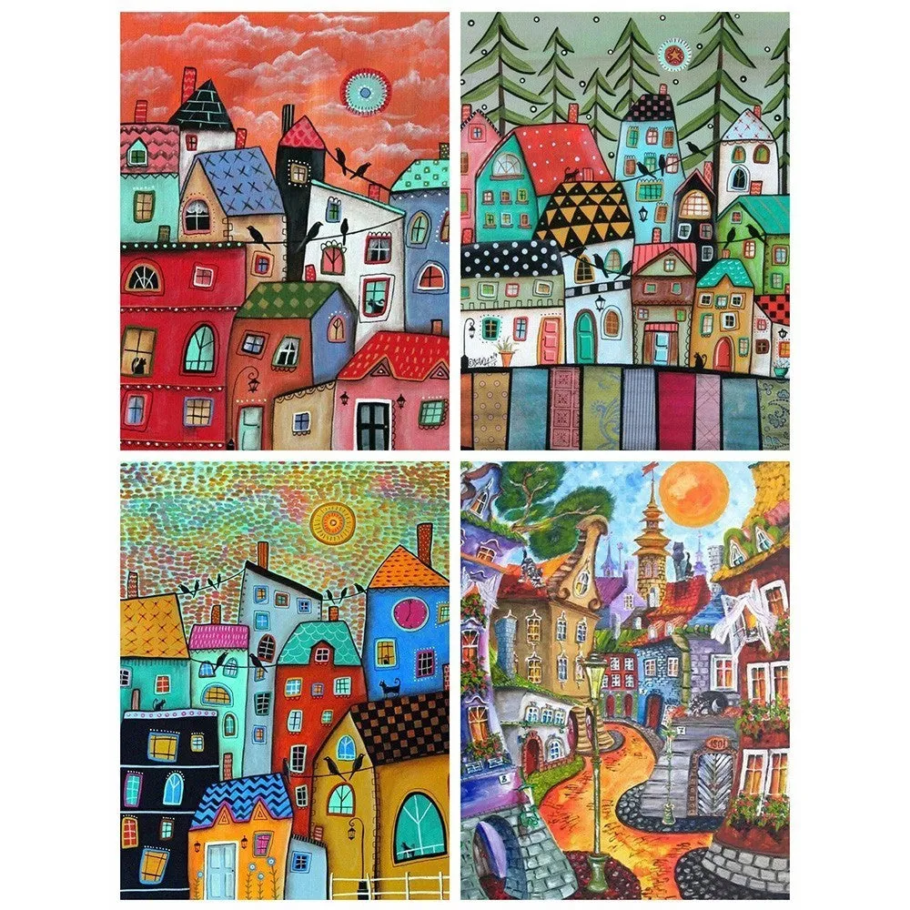 Colorful Abstract Houses, 5D Diamond Painting Landscape Art | Full Square Drill Mosaic -5 Designs