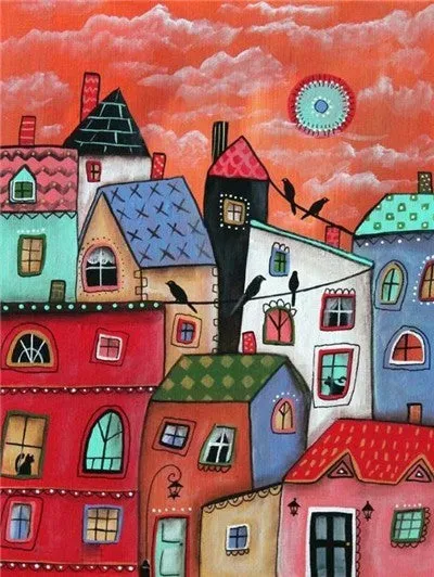 Colorful Abstract Houses, 5D Diamond Painting Landscape Art | Full Square Drill Mosaic -5 Designs