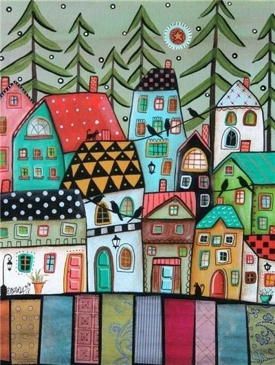 Colorful Abstract Houses, 5D Diamond Painting Landscape Art | Full Square Drill Mosaic -5 Designs