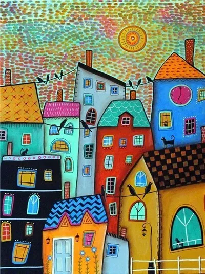 Colorful Abstract Houses, 5D Diamond Painting Landscape Art | Full Square Drill Mosaic -5 Designs