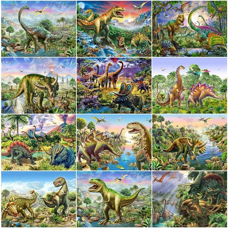 Colorful Dinosaur Diamond Painting | Round/Square Drill Embroidery | New DIY Diamond Kit | Tyrannosaurus Pterodactyl Jungle