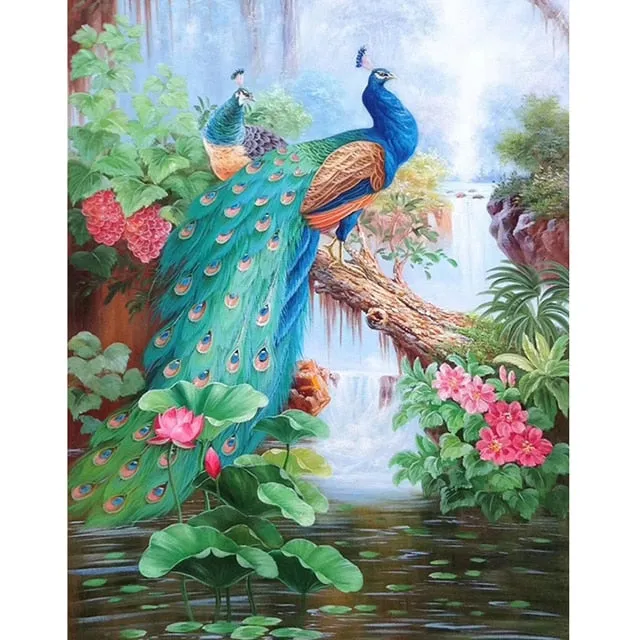 Diamond Embroidery Peacock Mosaic | Full Square Drill Rhinestones | Scenic 5D Diamond Painting | Colorful Feathers Flowers Mountains