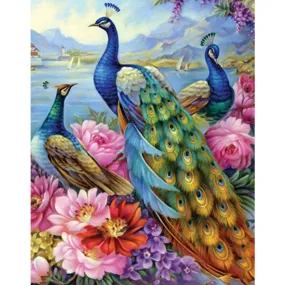 Diamond Embroidery Peacock Mosaic | Full Square Drill Rhinestones | Scenic 5D Diamond Painting | Colorful Feathers Flowers Mountains