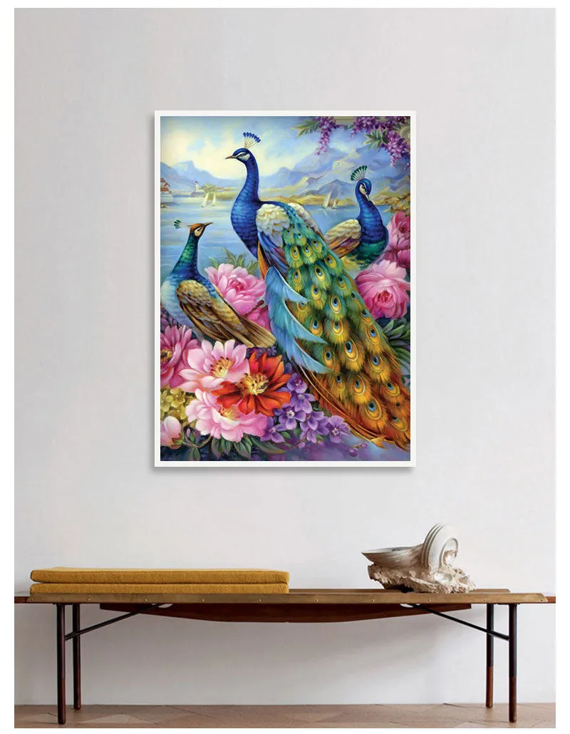 Diamond Embroidery Peacock Mosaic | Full Square Drill Rhinestones | Scenic 5D Diamond Painting | Colorful Feathers Flowers Mountains