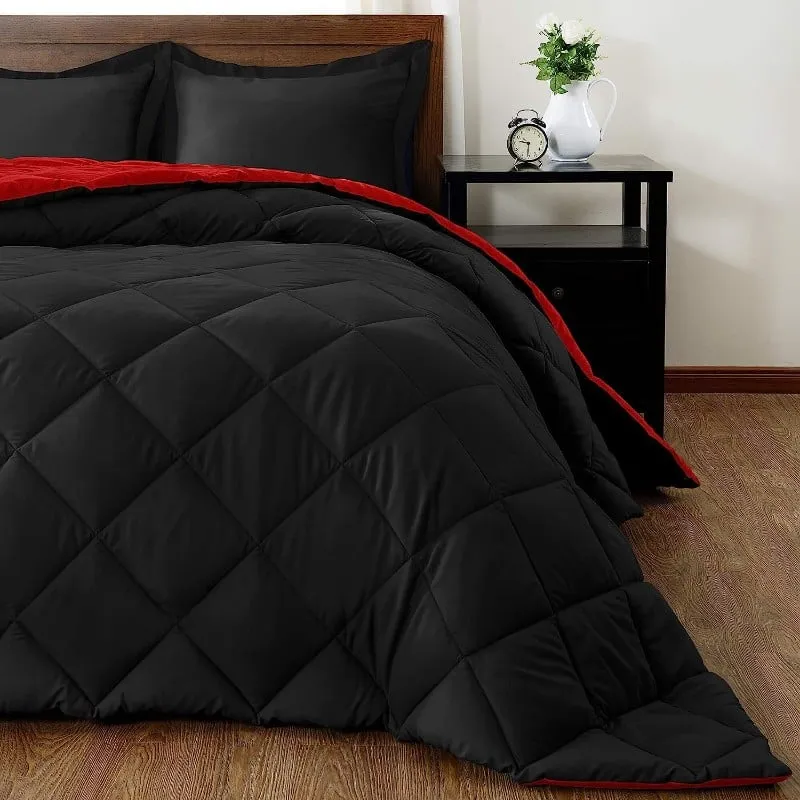 Downluxe Queen 3 Piece Bedding Set, Red/Black