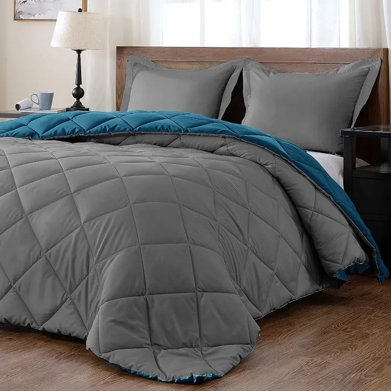 Downluxe Queen 3 Piece Bedding Set, Turquoise/Grey