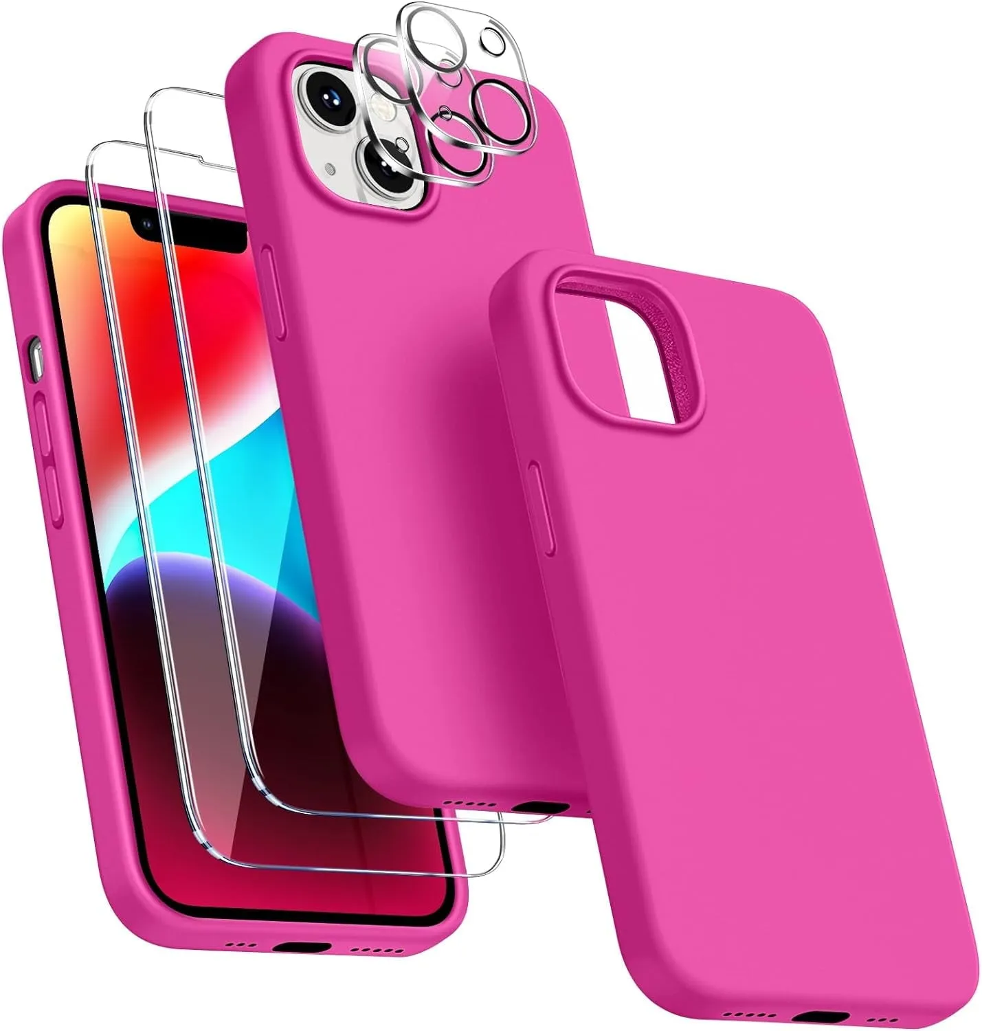 Entronix Case Silicone Case Designed for Apple iPhone 15 Liquid Silicone Case, 5 in 1 Bundle Case with 2 Clear Tempered Glass and 2 Camera Lens