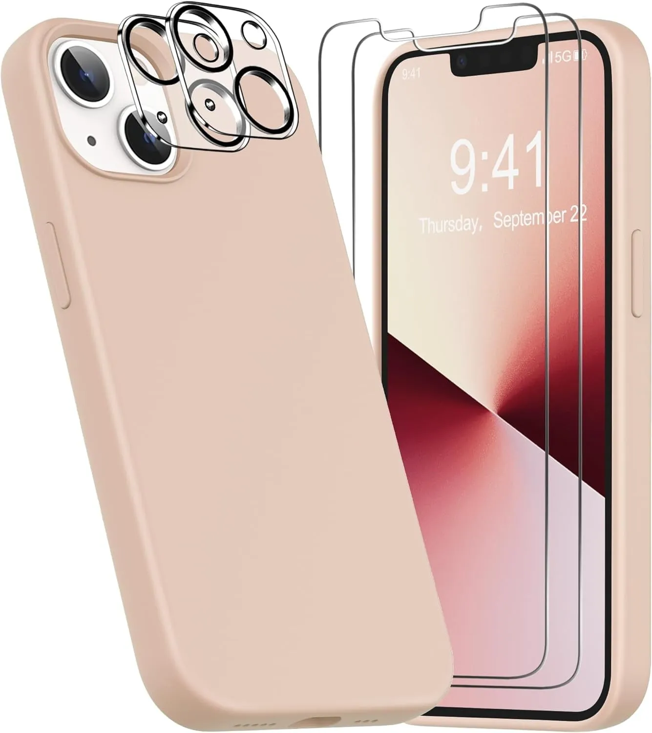 Entronix Case Silicone Case Designed for Apple iPhone 15 Liquid Silicone Case, 5 in 1 Bundle Case with 2 Clear Tempered Glass and 2 Camera Lens
