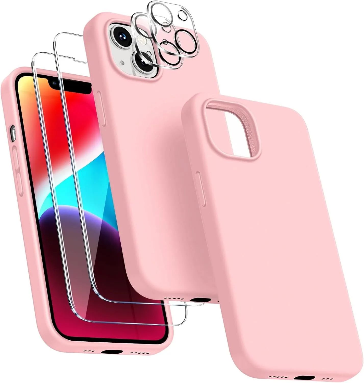 Entronix Case Silicone Case Designed for Apple iPhone 15 Liquid Silicone Case, 5 in 1 Bundle Case with 2 Clear Tempered Glass and 2 Camera Lens