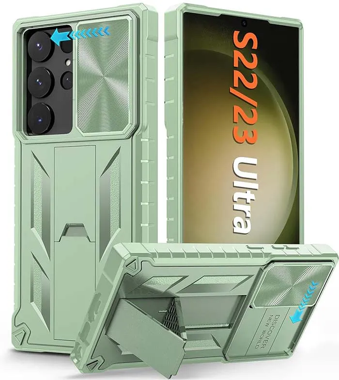Galaxy S23 Ultra 6.8 inches Military Matte Textured Rugged Cover with Slidable Camera Lens Cover and Kickstand