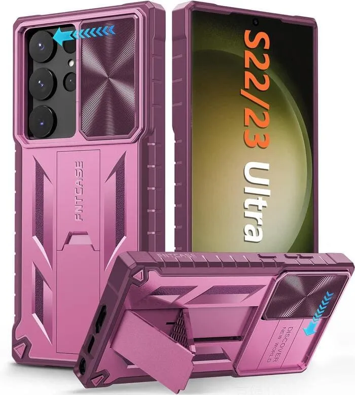 Galaxy S23 Ultra 6.8 inches Military Matte Textured Rugged Cover with Slidable Camera Lens Cover and Kickstand