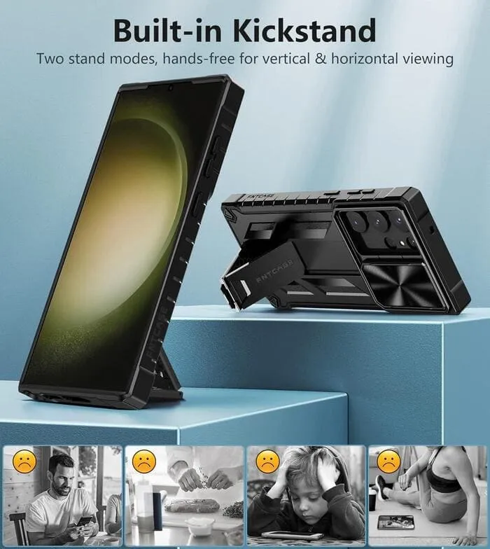 Galaxy S23 Ultra 6.8 inches Military Matte Textured Rugged Cover with Slidable Camera Lens Cover and Kickstand