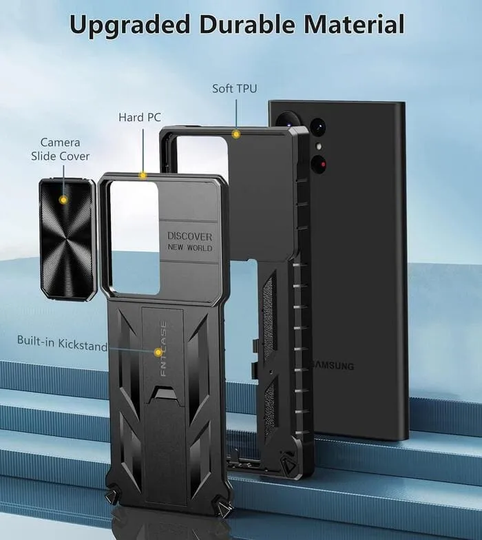 Galaxy S23 Ultra 6.8 inches Military Matte Textured Rugged Cover with Slidable Camera Lens Cover and Kickstand