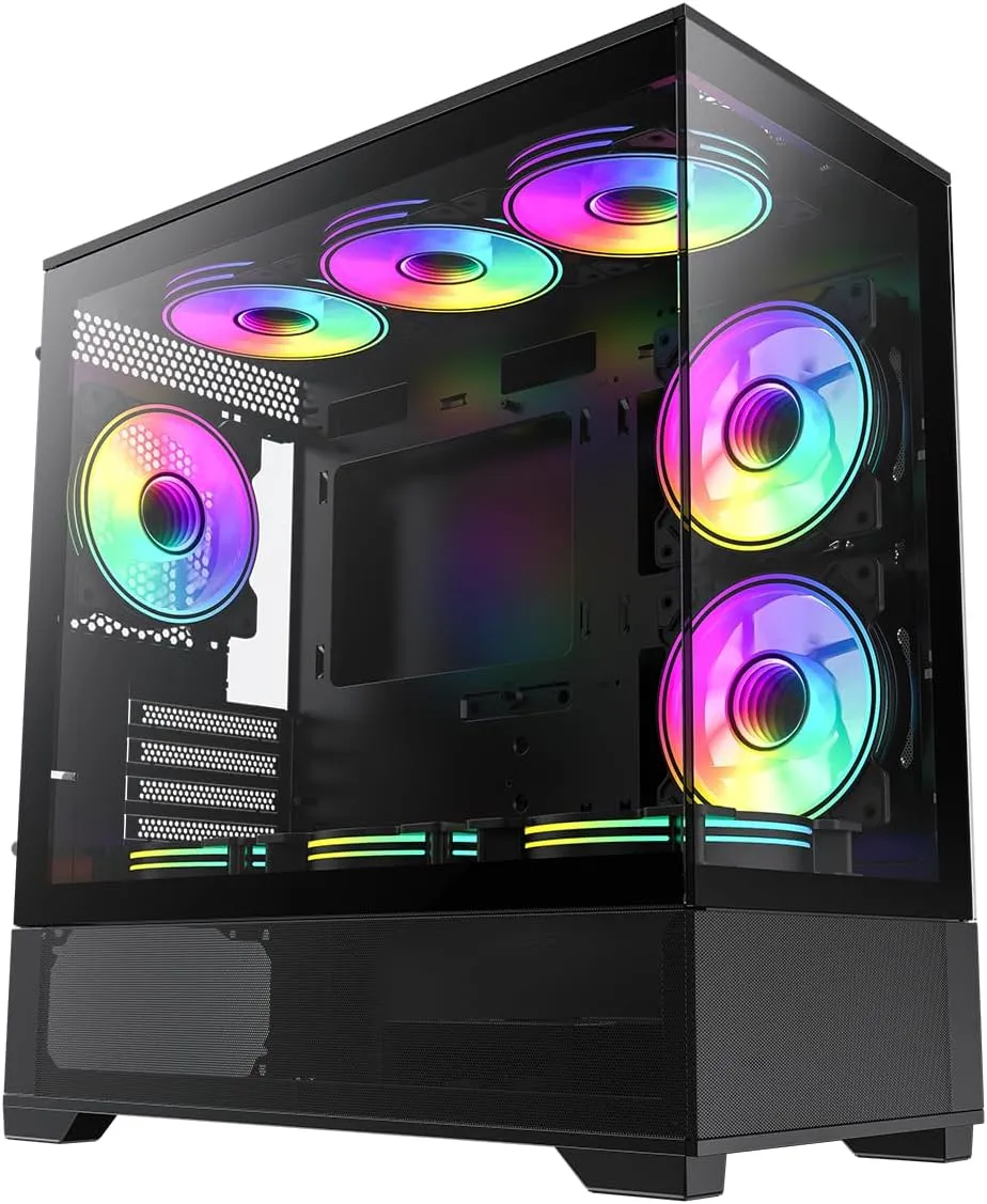 GameMax Vista Micro ATX Gaming PC Case, Glass Side & Front, Mesh Panelling, No Fans inc., ARGB PWM Fan Hub, Black