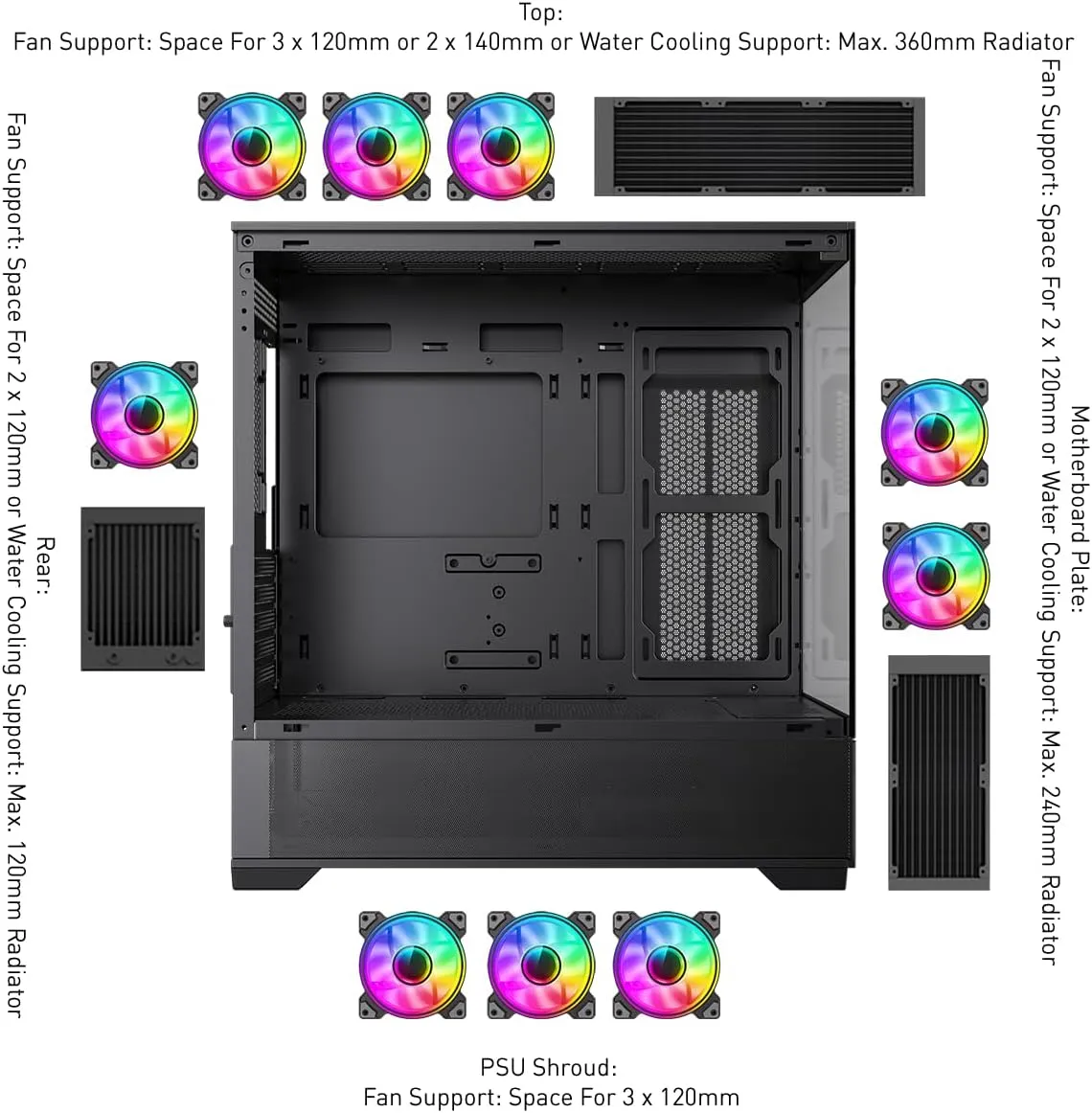 GameMax Vista Micro ATX Gaming PC Case, Glass Side & Front, Mesh Panelling, No Fans inc., ARGB PWM Fan Hub, Black