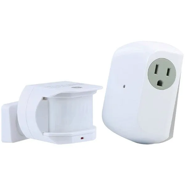 GE 12751 Wireless Motion-Sensing Light Control Transmitter with 1 Indoor Grounded Outlet Receiver