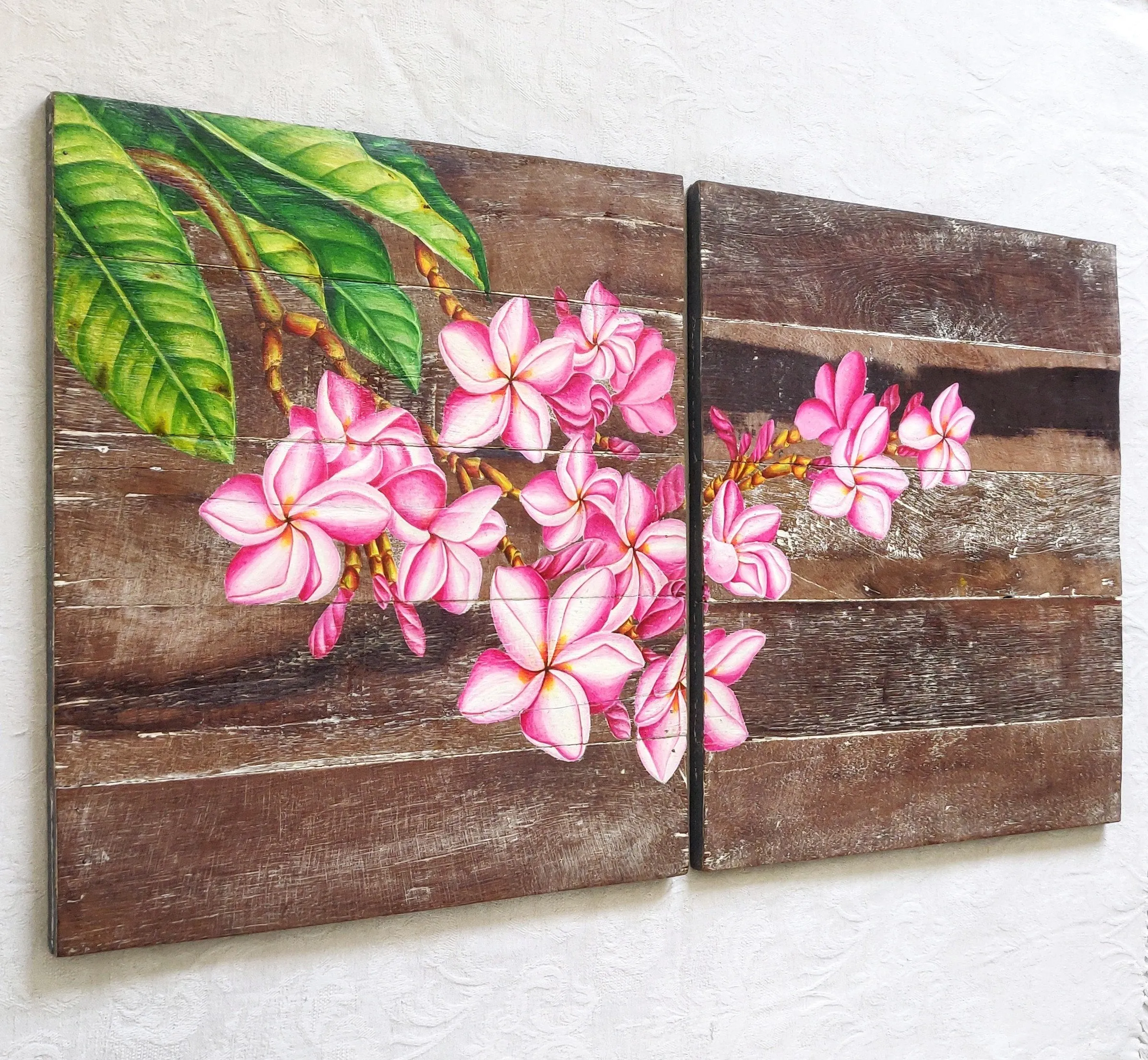 Home Decor: EXQUISITE WALL HANGING DECOR: Beautiful Hand Painted Frangipani Flowers on a pair of Wooden panels.