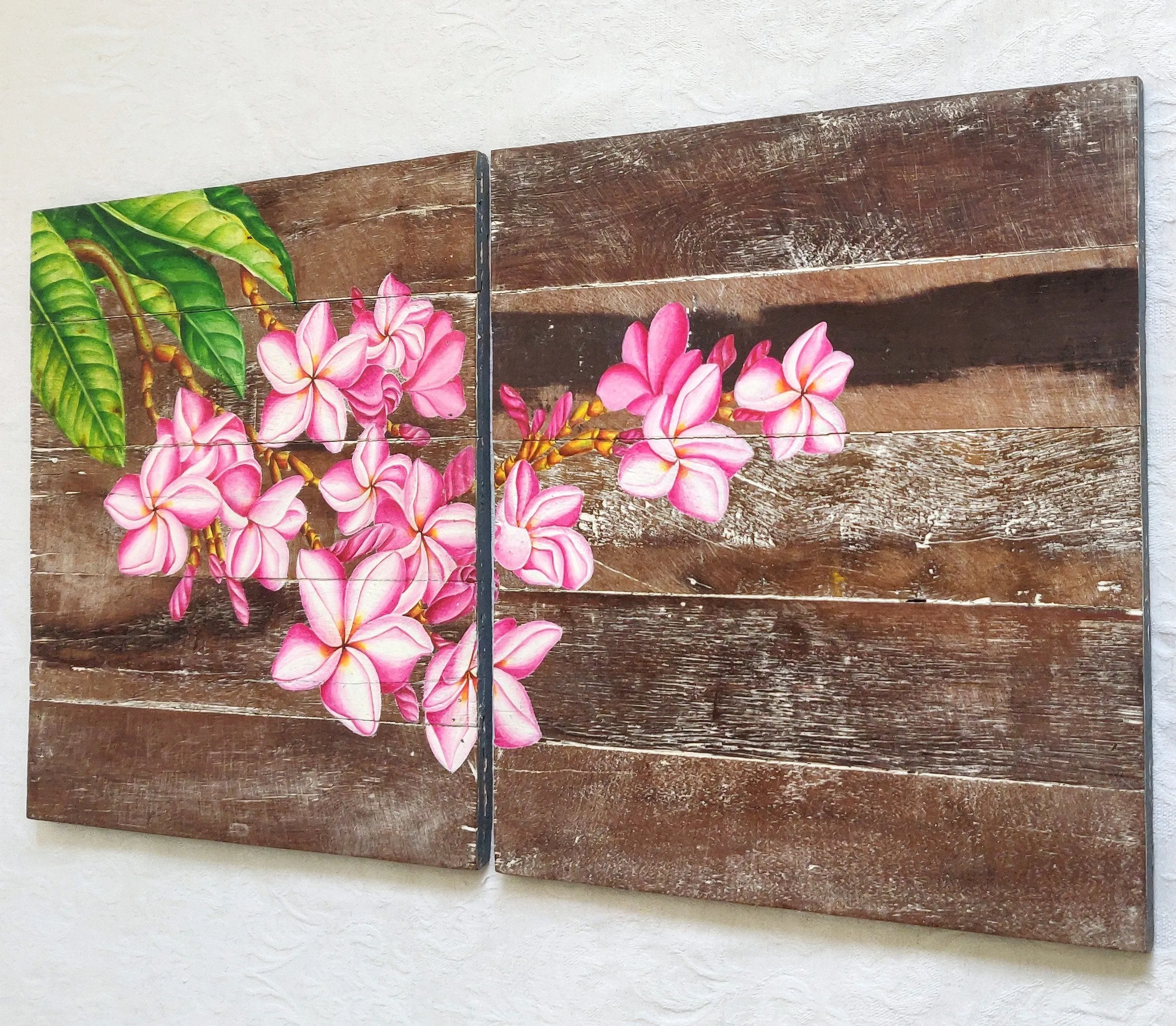 Home Decor: EXQUISITE WALL HANGING DECOR: Beautiful Hand Painted Frangipani Flowers on a pair of Wooden panels.