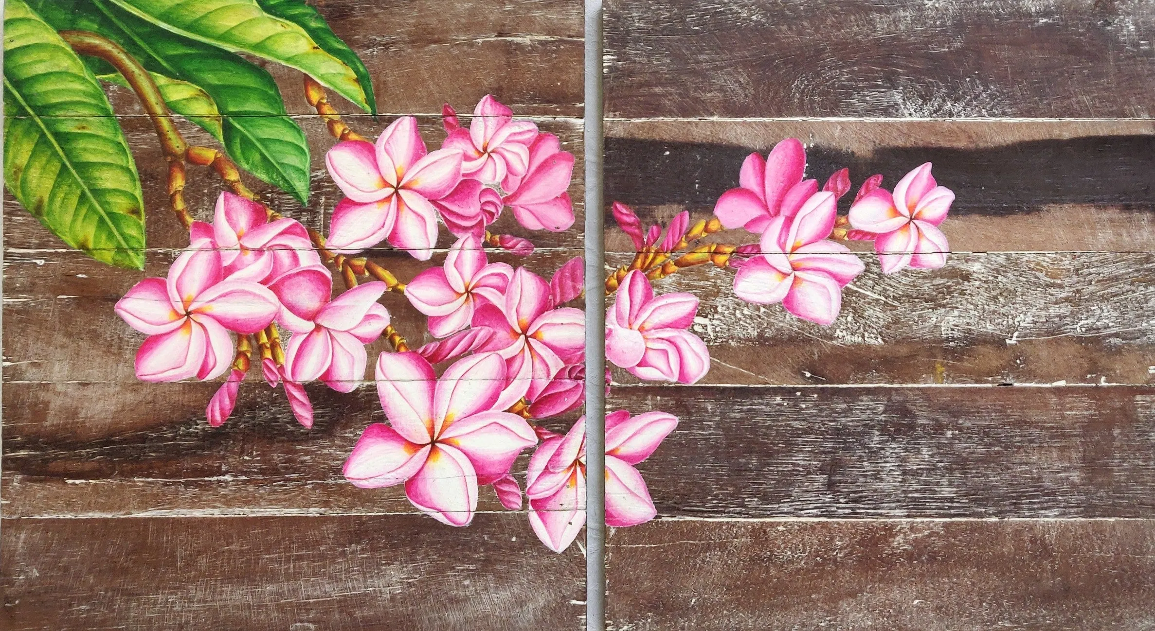 Home Decor: EXQUISITE WALL HANGING DECOR: Beautiful Hand Painted Frangipani Flowers on a pair of Wooden panels.