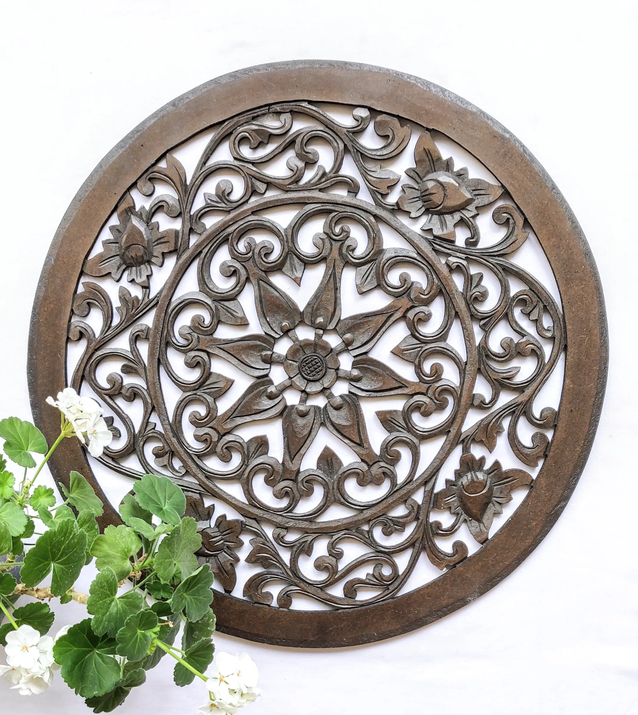 Home Decor. Wall Art. Floral Round Relief Panel Carving, "Royal Flower". Dia 20 ".