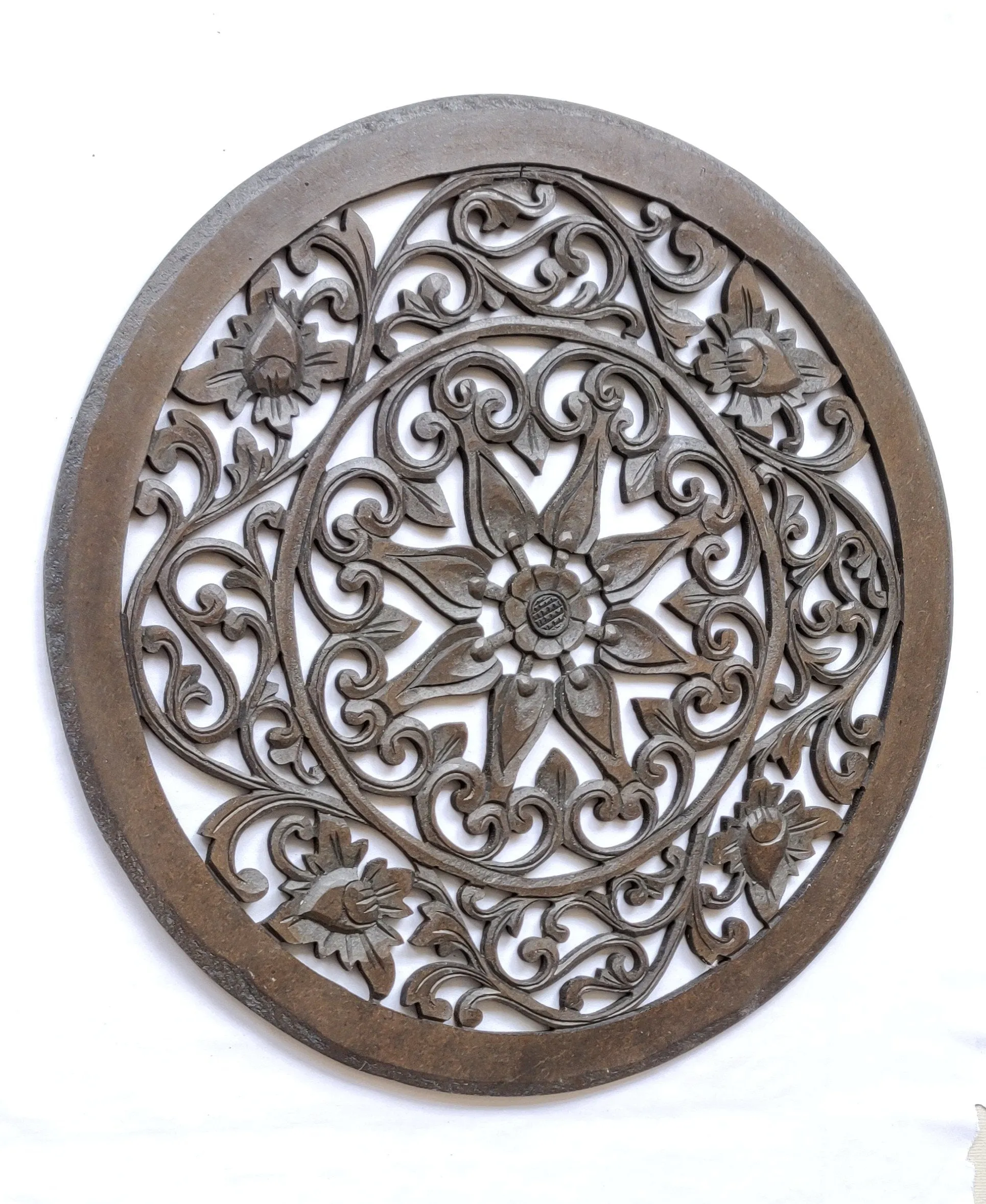 Home Decor. Wall Art. Floral Round Relief Panel Carving, "Royal Flower". Dia 20 ".