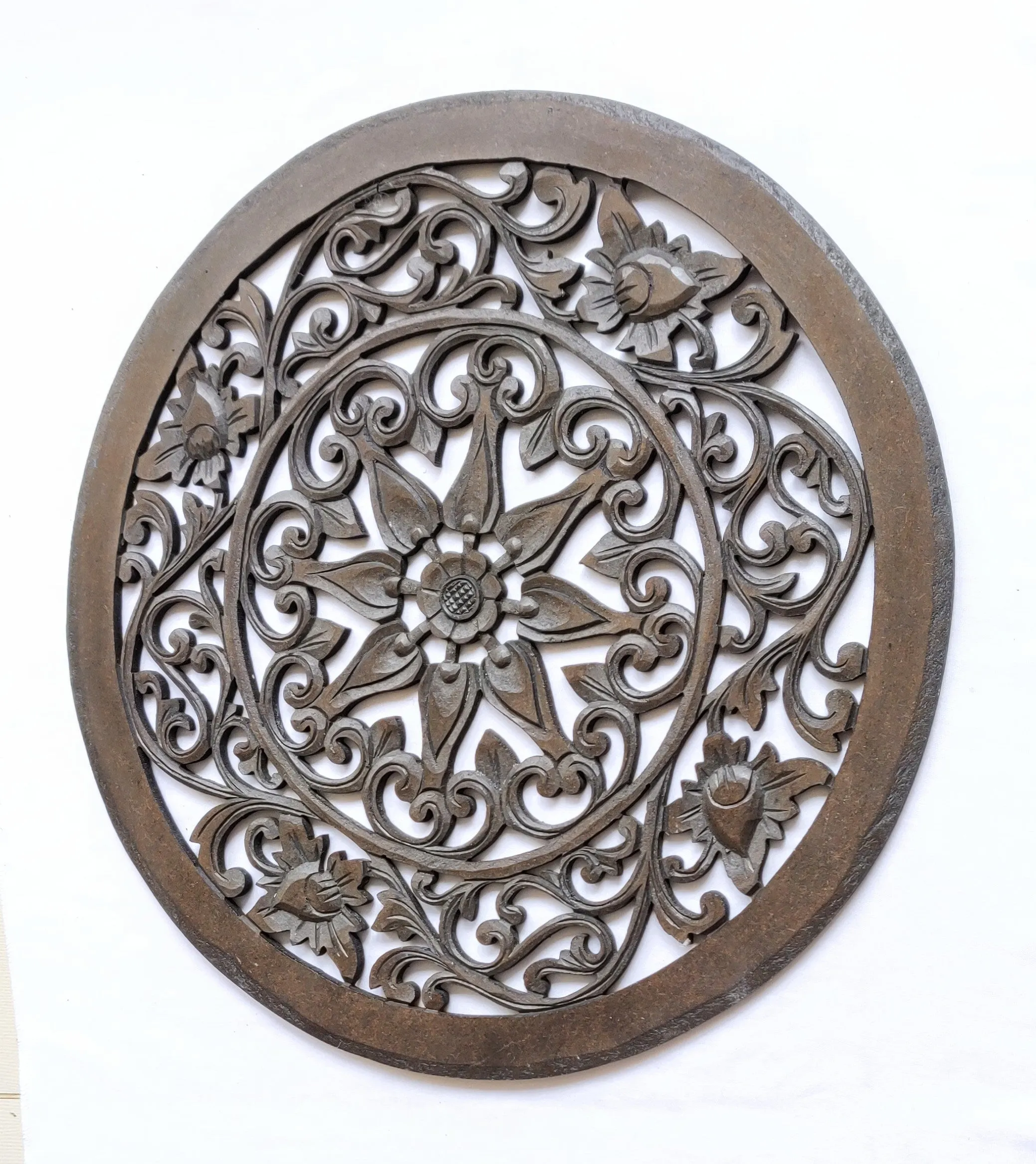 Home Decor. Wall Art. Floral Round Relief Panel Carving, "Royal Flower". Dia 20 ".