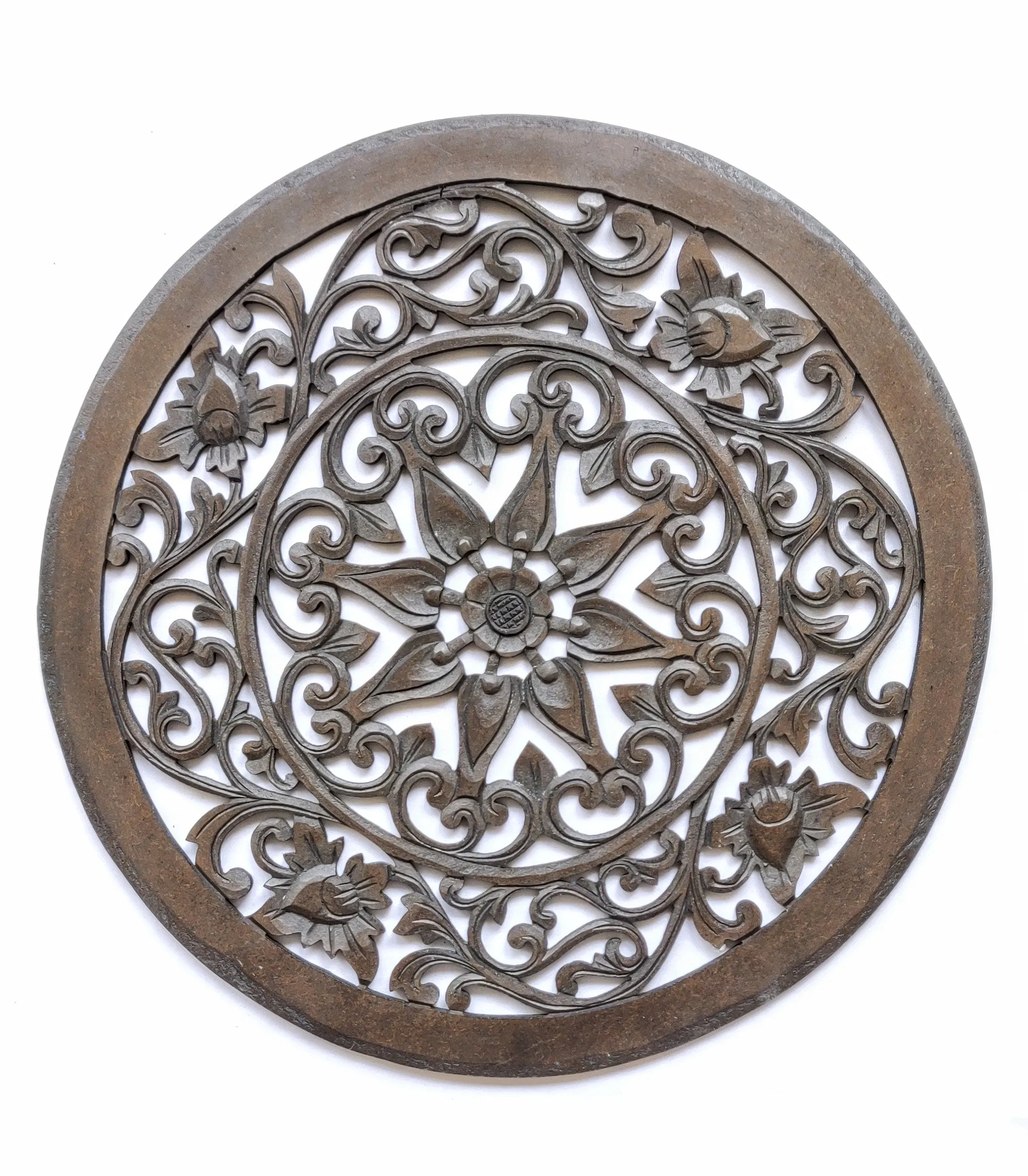 Home Decor. Wall Art. Floral Round Relief Panel Carving, "Royal Flower". Dia 20 ".