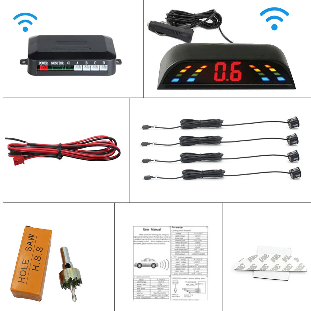 LED Wireless Parking Sensor Kit Parktronic 4 Sensors Auto Car