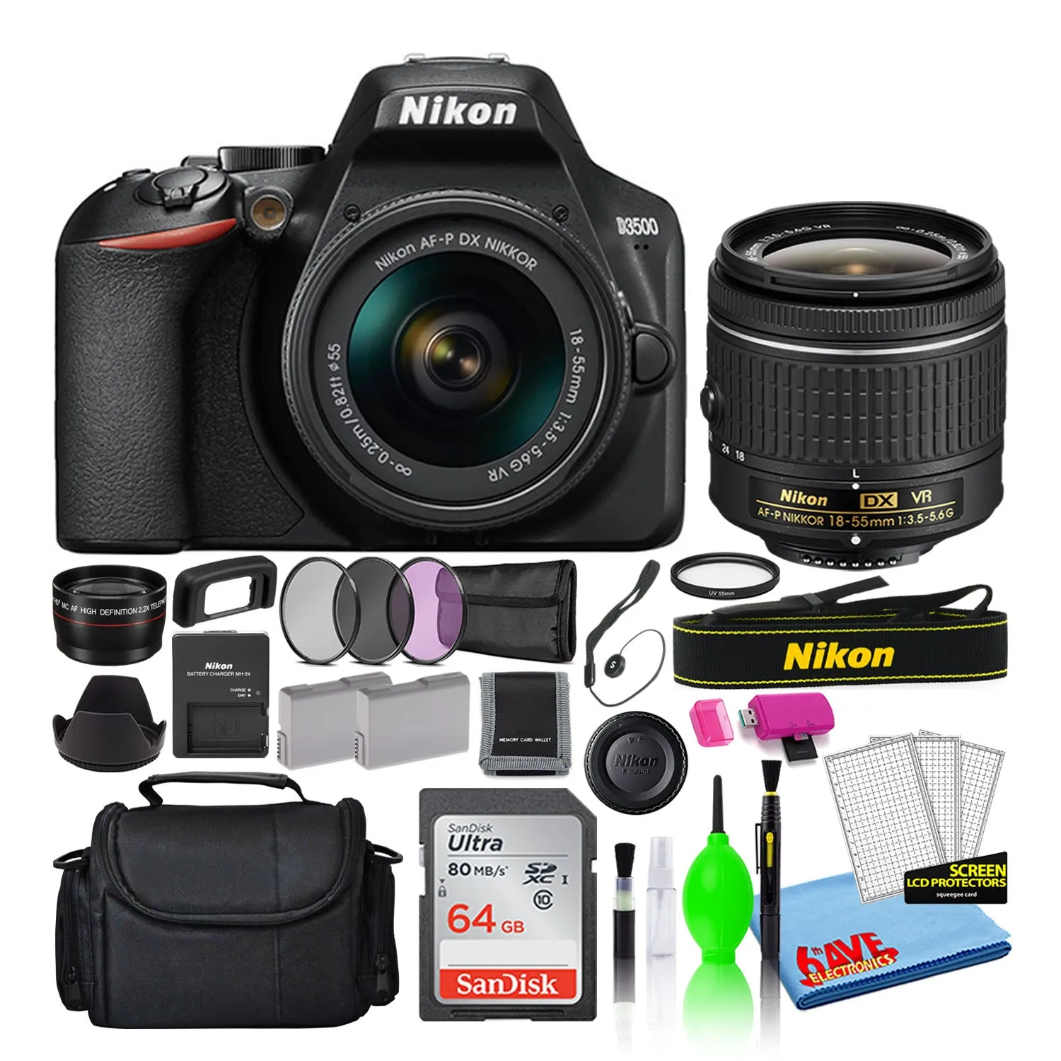 Nikon D3500 Digital Camera with 18-55mm Lens (1590)   64GB SD Card   Bag (Intl)