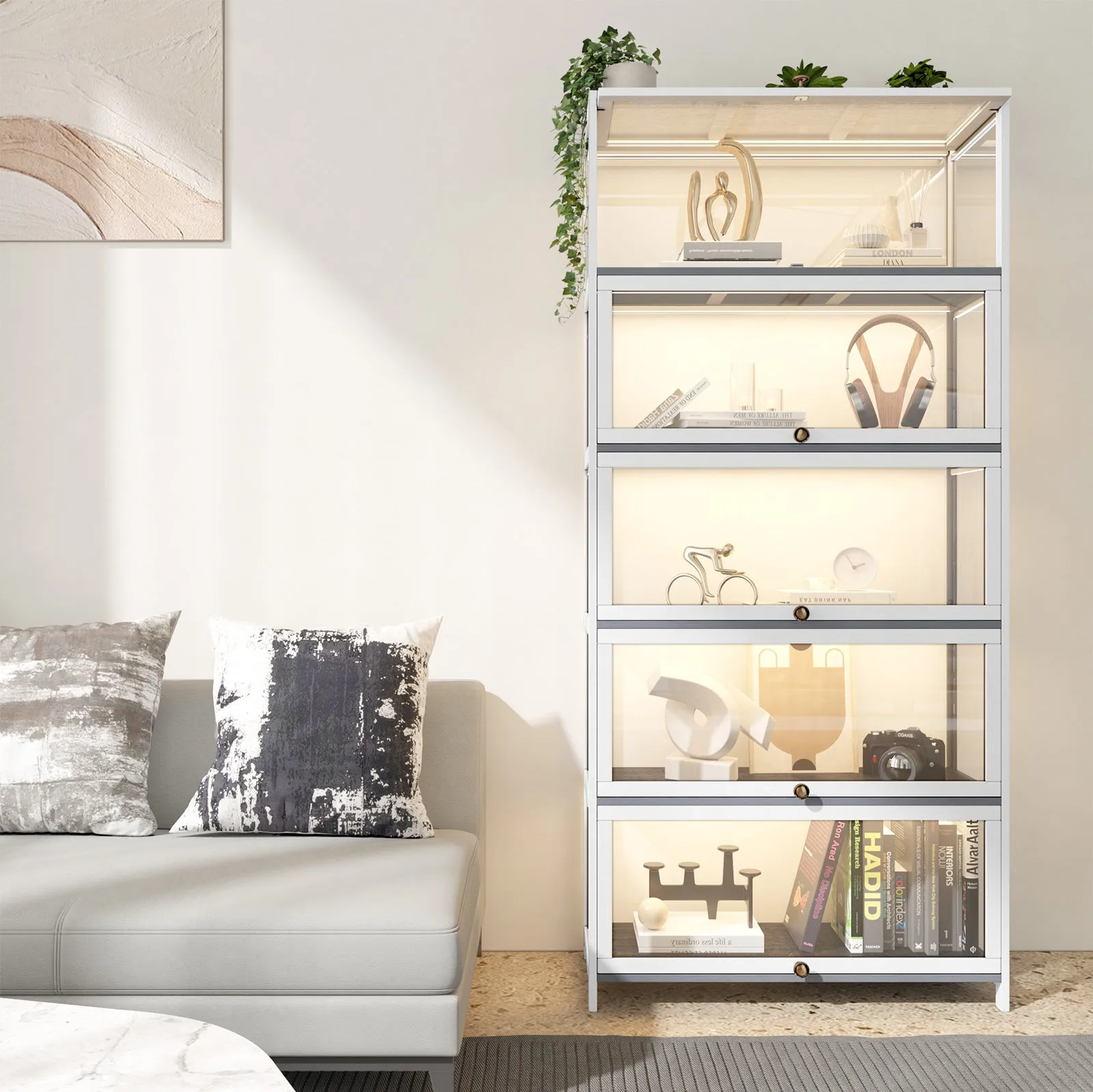 OIKITURE 5 Tier Display Storage Cabinet with Magnetic Closure Clear Door,Hallway Shelves Cabinet for Living Room Dining