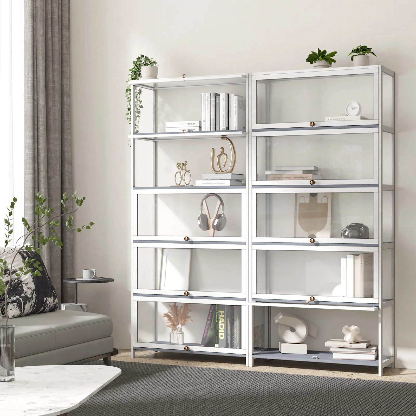 OIKITURE 5 Tier Display Storage Cabinet with Magnetic Closure Clear Door,Hallway Shelves Cabinet for Living Room Dining