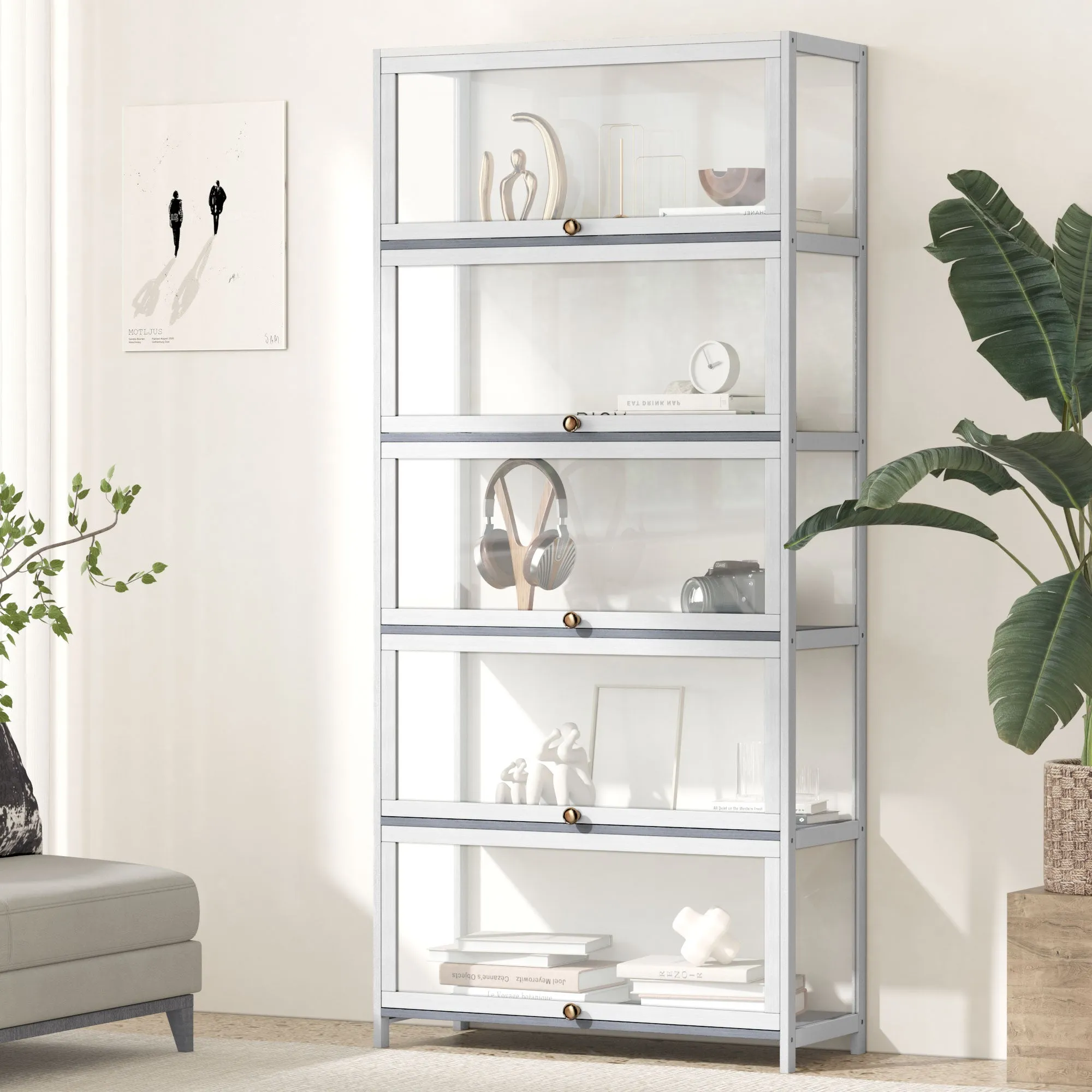 OIKITURE 5 Tier Display Storage Cabinet with Magnetic Closure Clear Door,Hallway Shelves Cabinet for Living Room Dining