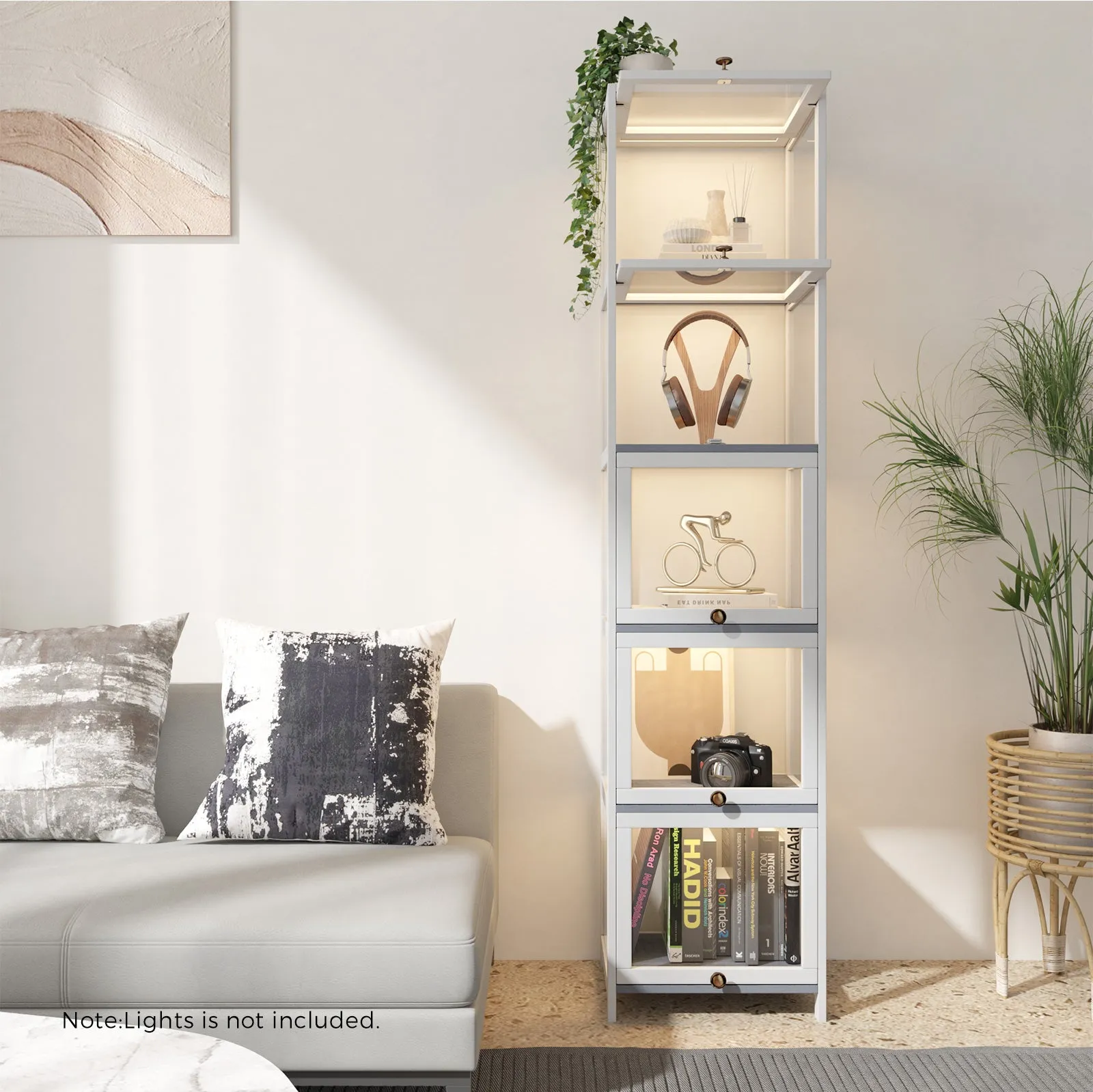 Oikiture Display Cabinet Slim Storage 5-Tier Shelves Clear Bookcase Rack White