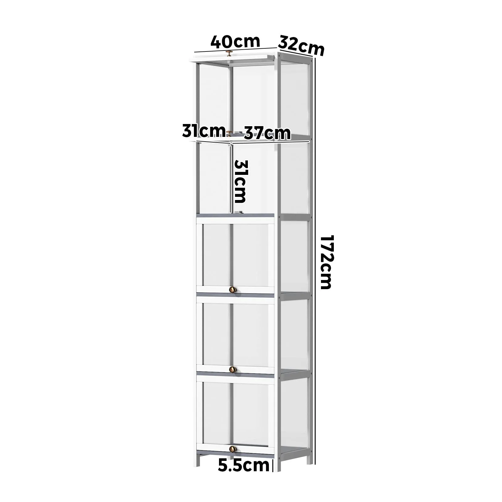 Oikiture Display Cabinet Slim Storage 5-Tier Shelves Clear Bookcase Rack White